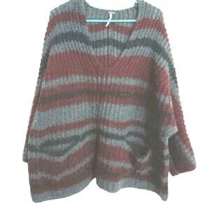 Free People Oversized Striped Sz M Women’s Sweater Alpaca Wool Gray Burgundy